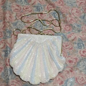 Iridescent Pastel Beaded Shell Shoulder Bag with Gold Chain